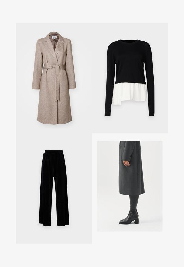 ONLY ONLNICOLE LIGHT WRAP - Klassikaline mantel - walnut melange; Must have pikema varrukatega must topp, millel on kontrastsed valged volangiga äärised, ümar kaelus ja pehme tekstuur. Koostatud mugava lõikega.; Mustad laiad püksid, mis on valmistatud pehmest sametist, elastse vöökoha ja siledaga, ilma nähtavate detailide või mustriteta.; Hallhalline, kohandatud ülikond jakk sirge lõikega; kombineeritud kuni põlveni ulatuvate mustade nahast saapadega, millel on nelinurkne varvas ja paks konts.