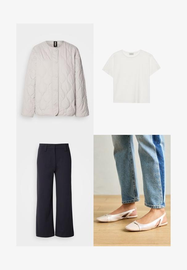 Ecoalf JACKET WOMAN - Lett jakke - washed stone; Hvit T-skjorte med kort erm laget av myk bomull. Har rund hals og avslappet passform. Rent design uten synlige mønstre eller aksenter.; Vide benbukser i mørk navy-stof. Har flad front, bæltesløjfer og sidelommer. Materialet er glat med en let stræk.; Lys rosa slingback leiligheter med spiss tå, laget av et glatt, læraktig materiale. Har utskjæringer på sidene og lav hæl.