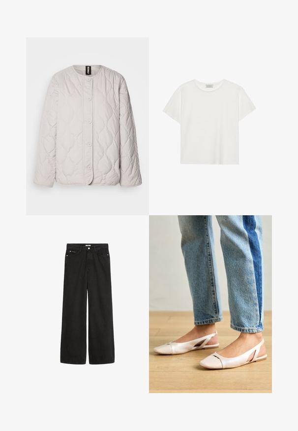 Ecoalf JACKET WOMAN - Lengva striukė - washed stone; Balta trumpa rankovė T-marškiniai, pagaminti iš minkštos medvilnės. Charakterizuojami apvali kaklo iškirpte ir laisvu siluetu. Švarus dizainas be matomų raštų ar akcentų.; Platus juodas džinsinis kelnes su aukštu juosmeniu. Yra penkios kišenės, metalinės detalės ir švarus apdaila. Paviršius yra lygus ir švelnus.; Šviesiai rožiniai slingback baleto bateliai su smailiu pirštu, pagaminti iš lygios odai panašios medžiagos. Yra išpjovimų detalės šonuose ir plokščias kulnas.