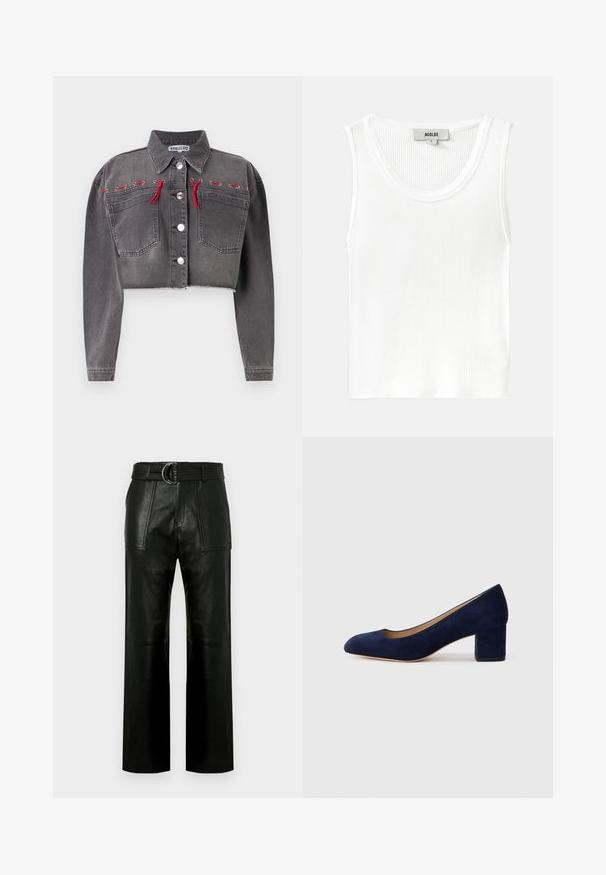 Kratka siva denim jakna z dolgimi rokavi, dvema sprednjima žepoma, srebrnimi gumbi in rdečimi detajli, vkroženimi ob ramenih.; Bela rebrasta maica brez rokavov z okroglo ovratnico in širokimi naramnicami, z oznako "AGOLDE" in velikostjo "S."; Visoko pasovane črne usnjene hlače širokih nogavic z velikimi sprednjimi žepi in usnjenim pasom s podvojenim zaponko.; Temno modri nubuk čevlji s koničastim nosom in srednje visokim blokom. Gladka tekstura z diskretnim sijajem in majhnim izrezom spredaj.