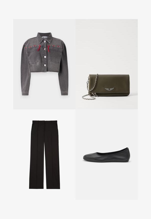 Jachetă din denim gri, croită, cu mâneci lungi, două buzunare frontale, butoane argintii și accente roșii cusute pe umeri.; Tricou alb cu mânecă scurtă, confectionat dintr-un material texturat. Gât rotund, tăietură regulară și detalii subtile de cusătură. Fără modele sau grafice.; Pantaloni negri, croiți, confecționați dintr-un material neted, cu un design drept și două buzunare laterale. Construcție elegantă și minimalistă.; Balerini din piele neagră, cu vârf rotund, textură netedă, detalii de cusătură minimale și un design al tălpii flexibil.; Geantă de mână din piele verde măsliniu cu un accent metalic în formă de aripă, dotată cu curea din lanț și închidere cu fermoar, textura netedă și formă rectangulară.