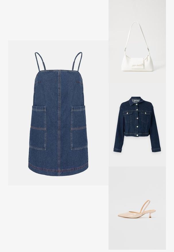 Temno modra kavbojka s skrajšano obliko, z zapiranjem na gumb, dvema žepoma na prsih in srebrnimi detajli. Teksturen material z navpično šivom.; Jeans obleka z nastavljivimi naramnicami, ima dve veliki sprednji žepki, temno modra tkanina in kontrastni rdeči šivi.; Bež čevlji na peto iz patentiranega usnja, s koničastim nosom in ozko kvadratno peto. Gladka tekstura in minimalističen dizajn brez okrasja.; Bela sintetična torbica v obliki trikotnika, z ravnim sprednjim poklopcem in detajlom mašne, nastavljivim trakom, gladko teksturo in minimalističnim dizajnom.