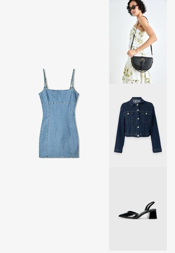 Tmavomodrá džínsová bunda s krátkym strihom, so zapínaním na gombíky, dvoma náprsními vreckami a striebornými kovovými prvkami. Textúrovaná látka s vertikálnym šitím.; Džínsové šaty v svetlom modrom odtieni, s tenkými ramienkami, štruktúrovaným korzetom a priliehavým strihom so švovými detailmi a rovnom límcom.; Čierne lakované kožené sandálové podpätky s špicatou špičkou a geometrickým blokovým podpätkom. Disponujú elegantným, minimalistickým dizajnom a hladkým povrchom.; Čierna kožená kabelka s zaobleným tvarom, odnímateľným popruhom a zlatými doplnkami. Kabelka má klopu s detailom s prackou.