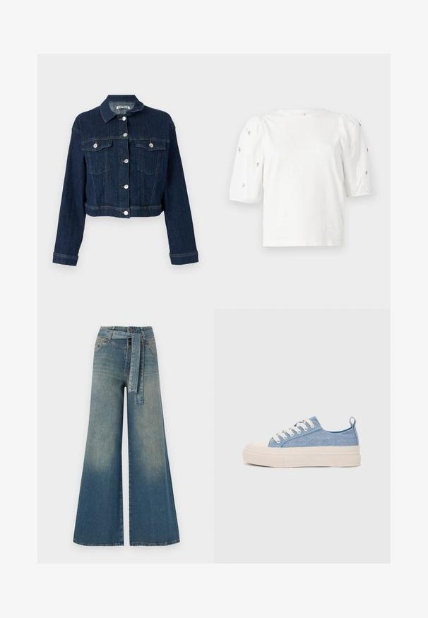 Tumši zila džinsu jaka ar izgrieztu piegriezumu, pogu aizdari, divām krūšu kabatām un sudraba detaļām. Strukturēts audums ar vertikālām šuvēm.; Balta kokvilnas t-kreklu ar īsām puff piedurknēm, ar nelieliem sudraba rotājumiem gar piedurknēm. Klasisks apaļš izgriezums, brīvā piegriezuma.; Platām kājām džinsu bikses ar gaismas līdz tumši zilam gradientam, augstu jostas līniju, jostas cilpām un atbilstošu auduma jostu. Tekstūrēts džinsas apdare.; Gaiši zili kanvas sneakeri ar krēmkrāsas gumijas pirksta aizsargu un ārējo zoli, aprīkoti ar baltām šņorēm un cilpu uz papēža.