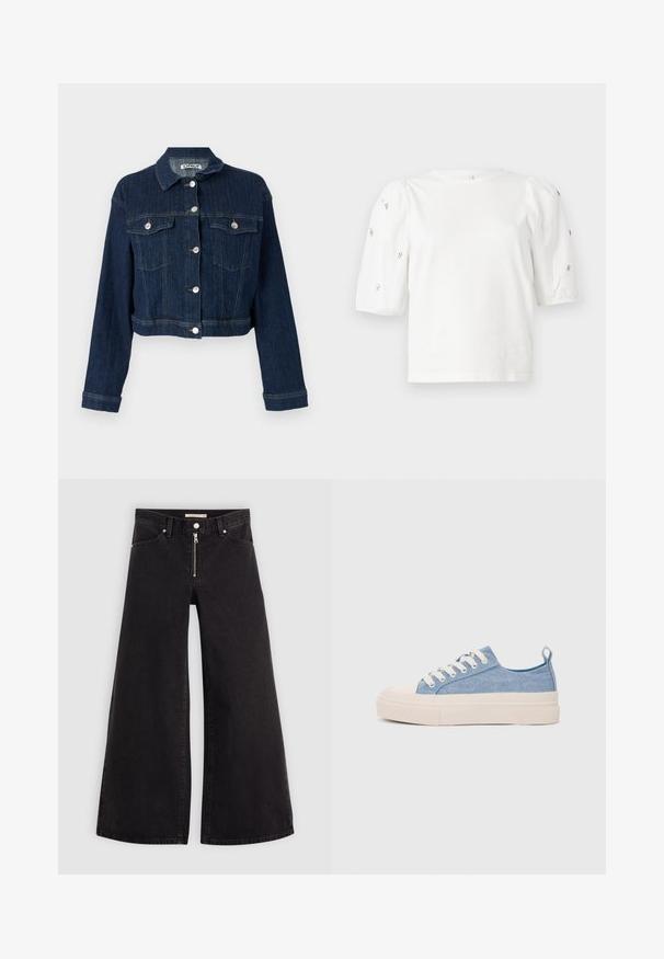 Tmavomodrá džínsová bunda s krátkym strihom, so zapínaním na gombíky, dvoma náprsními vreckami a striebornými kovovými prvkami. Textúrovaná látka s vertikálnym šitím.; Biela bavlnená tričko s krátkymi volánovými rukávmi, zdobené malými striebornými ozdobami pozdĺž rukávov. Klasický okrúhly výstrih, voľný strih.; Dlhé nohavice vo voľnom strihu z čierneho denimu so zipsom vpredu, päť vrecúškovým dizajnom a jemnými stehovými detailmi. Hladká textúra a neformálny štýl.; Svetlomodré plátené tenisky s krémovou gumovou špičkou a podrážkou, obsahujúce biele šnúrky a pútko na päte.