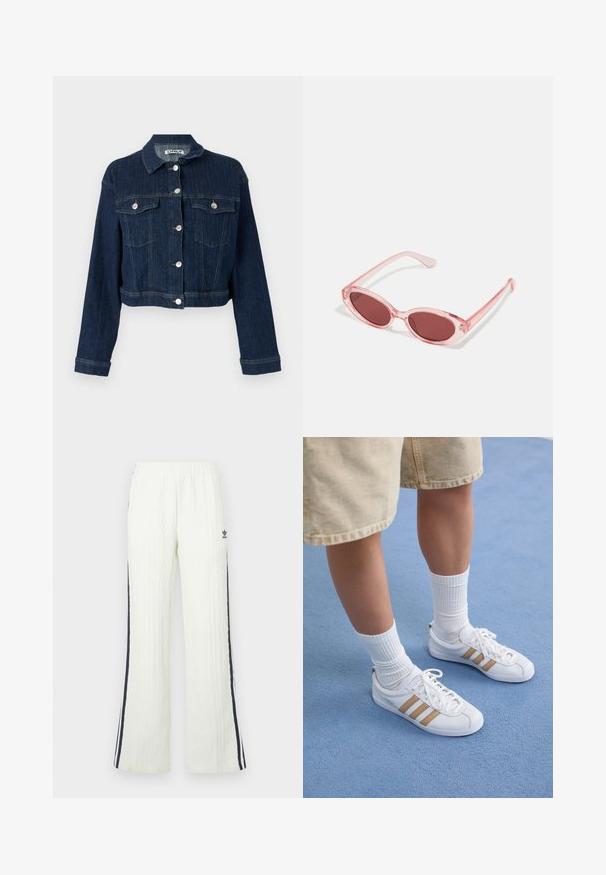 Tamno plavi traper jakna s krojenjem u cropped stilu, kopčanje na gumbe, dva džepa na prsima i detalji od srebrne boje. Tekstuirana tkanina s vertikalnim šavovima.; Bijela pamučna majica kratkih rukava s okruglim izrezom. Ima crni Adidas logo na prsima i kontrastnu crnu unutrašnju ovratniku.; Svijetlo kremaste pletene hlače s kabelskim uzorkom i širokim krojem. Imaju tamnoplave bočne pruge i Adidas logo na kukovima. Elastični pojas.; Bijele tenisice s tri zlatne pruge, vezivanje na vezice, gumeni potplat, nosi se s rebrastim bijelim čarapama i bež kratkim hlačama na plavoj površini.; Ružičaste prozirne sunčane naočale s ovalnim staklima, tamnocrvenim tonom i tankim drškama, s glatkom površinom i suptilnim detaljima na okviru.