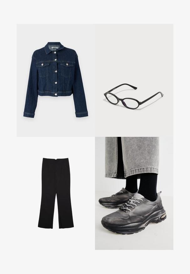 Tamno plavi traper jakna s krojenjem u cropped stilu, kopčanje na gumbe, dva džepa na prsima i detalji od srebrne boje. Tekstuirana tkanina s vertikalnim šavovima.; Svijetlo bež majica dugih rukava napravljena od mekanog materijala, s okruglim izrezom i opuštenim krojem s ravnim rubom i minimalnim detaljima šivanja.; Crne hlače ravnog kroja, s prednjim džepovima i bočnim prorezima na rubu. Izrađene od mekog i glatkog materijala. Pogodne za razne prigode.; Crne i sivo sportske cipele imaju mrežastu gornjište, debele potplate i vezice. Imaju zaobljen vrh i vidljive detalje s jastučićima.; Crne naočale ovalnog okvira s prozirnim ljubičastim naglascima na lećama. Okviri imaju mat finiš i tanke, ravne temple.