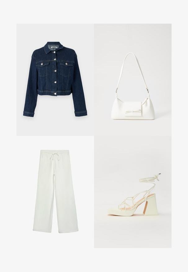 Tummansininen farkkutakki, jossa on lyhyt malli, napitus, kaksi rintataskua ja hopeiset yksityiskohdat. Teksturoitu kangas, jossa on pystysaumat.; Lyhythemmtä, pyöreäkauluksista valkoista t-paitaa, joka on valmistettu pehmeästä puuvillasta. Paidassa on yksinkertainen, selkeä muotoilu ilman näkyviä kuvioita tai korostuksia.; Valkoiset leveälahkeiset housut pehmeästä kankaasta. Varustettu joustavalla vyötäröllä ja nyörillä sekä sileällä pinnalla. Ei näkyviä kuvioita tai tarvikkeita.; Valkoinen korkokenkä, jossa on paksu korko, ja joka sisältää nauhakiinnityksen ja nilkkaketjun. Sujuva pinta, jossa on platform-etupohja lisäkorkeutta varten.; Valkoinen synteettinen käsilaukku, jossa on kolmikulmainen muoto, tasainen etu läppä ja nauhadetail, säädettävä olkahihna, sileä rakenne ja minimalinen muotoilu.