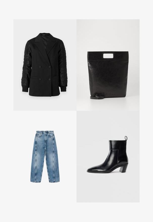 Czarna marynarka podwójnie zapinana z marszczonymi satynowymi rękawami i zapięciami na guziki, z klapami ołówkowymi i kieszeniami z przodu typu welt.; Biała krótka bluza z długim rękawem, z metalicznym wzorem łańcucha i serc wzdłuż dekoltu i ramion.; Jasnoniebieskie dżinsy charakteryzują się luźnym krojem, dużymi kieszeniami i kontrastowym przeszyciem. Materiał ma wyblakłe wykończenie o gładkiej teksturze.; Czarne skórzane botki do kostki z wąskim noskiem, geometrycznie uformowanym, grubym obcasem oraz pętlą z tyłu. Gładka faktura i elegancki design.; Czarna skórzana torba na ramię z kwadratowym uchwytem, z teksturowanym wykończeniem i wytłoczonym logo. Zawiera odpinany pasek.