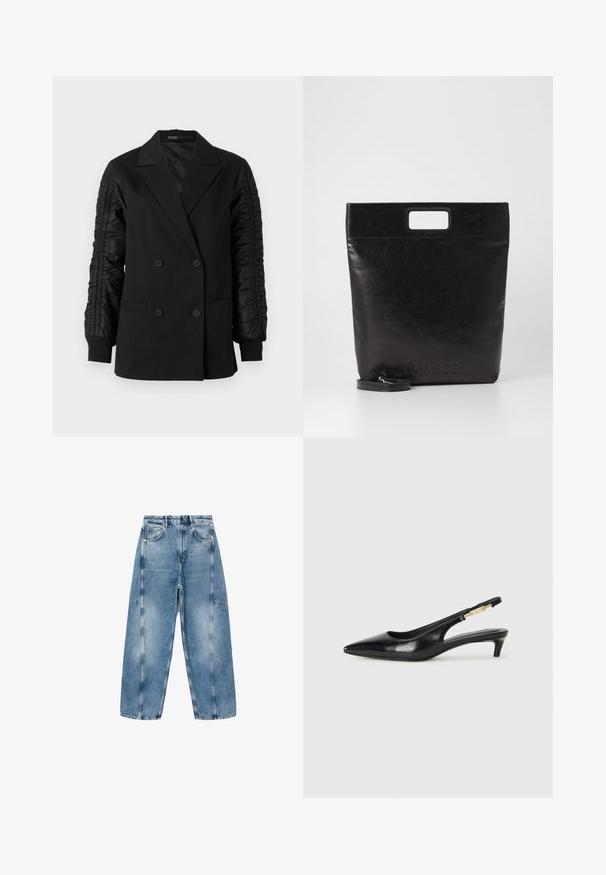Černé dvouřadové sako s nařasenými saténovými rukávy a knoflíkovými manžetami, s klopovými límci a předními kapsami.; Bílá zkrácená mikina s dlouhými rukávy, zdobená vzorem řetězu a srdce ve metalické niti podél výstřihu a ramen.; Svetle modré džíny mají volný střih, velké kapsy a kontrastní švy. Tkanina má vybledlý vzhled a hladkou texturu.; Černé kožené boty na podpatku s otevřenou patou a špičatou špičkou, s tenkým podpatkem a zlatým akcentem na nastavitelném pásku. Hladký povrch.; Černá kožená taška přes rameno se čtvercovou rukojetí, s texturovaným povrchem a embosovaným logem. Obsahuje odnímatelný popruh.