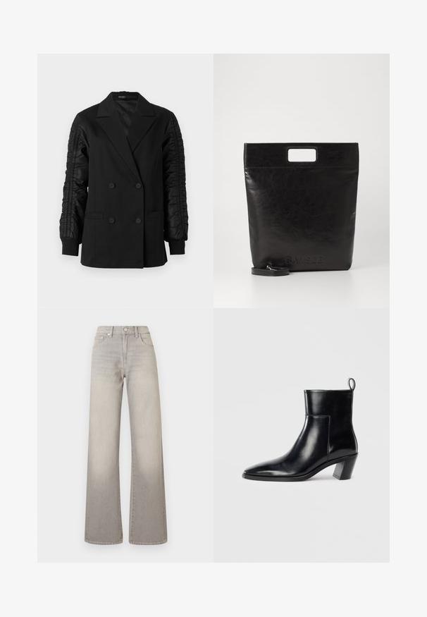 Must mustriga bleiser, millel on rullitud satiinvarrukad ja nööbid, millel on lõikekaelus ja eesneelupocketid.; Valge pika varrukaga särk siledast kangast, millel on nööpide eest, terav krae ja kontrastne must õmblus ääres ja mansettides.; Hallide lai püksid hallis toonis, kahvatu viimistlusega, nööbiga kinnitamine, viie tasku disain ja õmbluste äärtes kaunistus.; Must musta saapad terava nina, geomeetrilise kuuega ja tagaküljel tõmberaudaga. Sile tekstuur ja läikiv disain.; Must mustrikotest läikega must nahast kott ruudukujulise käepidemega, millel on tekstuuriga viimistlus ja reljeefne logo. Kohandatav rihm on eemaldatav.