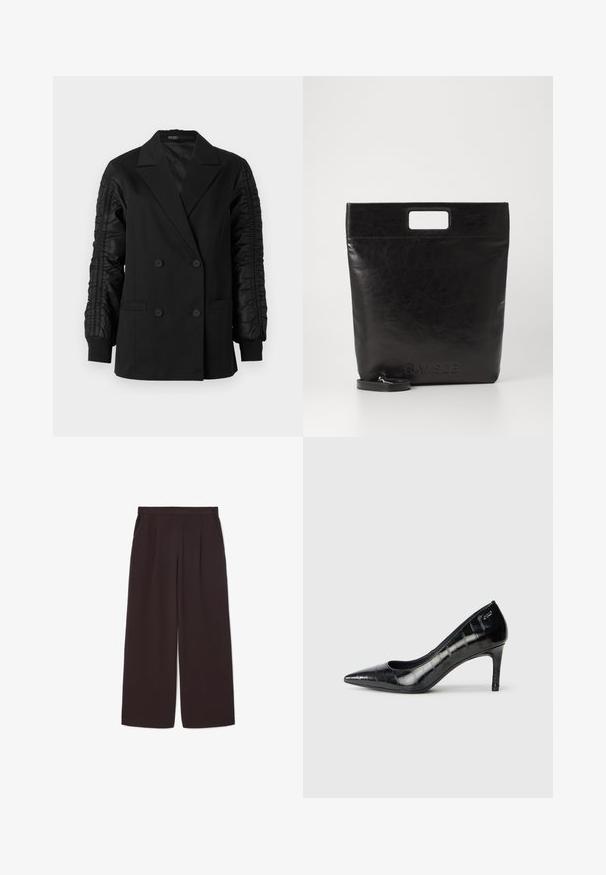 Schwarzer zweireihiger Blazer mit gerafften Satinsäulen und geknöpften Manschetten, ausgestattet mit Reverskragen und aufgesetzten Taschen vorne.; Weißes Langarmhemd mit Kragen aus Baumwolle. Verfügt über eine durchgehende Knopfleiste und eine Brusttasche. Glatte Textur, lockere Passform.; Dunkelbraune weite Hosen aus leichtem Stoff, mit hoher Taille, Falten und zwei Seitentaschen, sowie einem elastischen Bund.; Schwarze spitz zulaufende High Heels mit glänzender Oberfläche und subtilem Texturmuster. Verfügt über einen moderaten Absatz und ein offenes Schlüpfen-Design.; Schwarze Leder-Tote-Tasche mit einem quadratischen Griff, ausgestattet mit einer strukturierten Oberfläche und geprägtem Logo. Inklusive abnehmbarem Tragegurt.