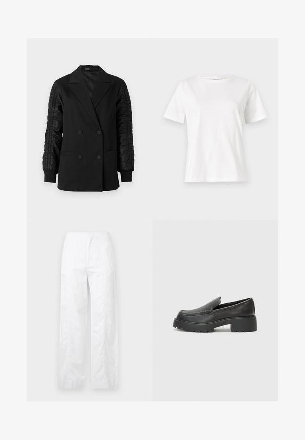 Blazer preto de dois botões com mangas de cetim franzidas e punhos abotoados, apresentando lapelas de bico e bolsos frontais com abertura.; T-shirt de algodão branco com mangas curtas, decote redondo e um corte descontraído. Textura suave, sem padrões ou detalhes, design minimalista.; Calças brancas de perna larga feitas de um tecido leve, com uma textura suave, linhas limpas e um design de cintura alta.; Mocassins de couro preto com bico arredondado, sola espessa e texturizada, e detalhes de costura minimalistas. Design elegante sem atacadores ou ferragens visíveis.