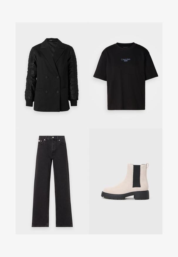 Black double-breasted blazer with ruched satin sleeves and buttoned cuffs, featuring notch lapels and front welt pockets.; Black cotton t-shirt with a round neck, short sleeves, and blue embroidered "Calvin Klein JEANS" logo on the front.; Black wide-leg jeans made of denim, featuring a high-rise waist, five-pocket styling, and a metal button closure with contrasting stitching.; Beige suede Chelsea boot with black elastic side panel, chunky black sole, and pull tab at ankle.