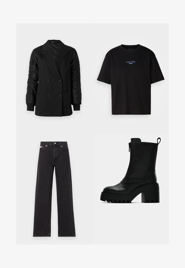 Blazer preto de dois botões com mangas de cetim franzidas e punhos abotoados, apresentando lapelas de bico e bolsos frontais com abertura.; T-shirt preta de algodão com gola redonda, mangas curtas e logo bordado azul "Calvin Klein JEANS" na parte da frente.; Jeans de perna larga pretos feitos de denim, apresentando uma cintura alta, estilo de cinco bolsos e um fecho em botão de metal com costura contrastante.; Botim de pele preto até ao tornozelo com sola robusta, salto bloco, fecho lateral e alça na parte de trás sobre fundo branco liso.