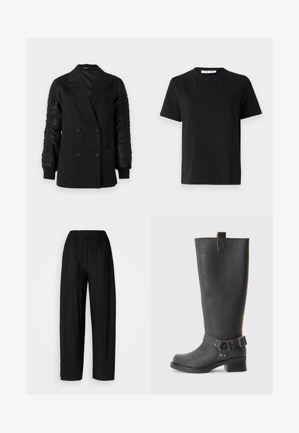 Črna dvoredna blazer jakna s nagubanimi satenskimi rokavi in gumbnimi manšetami, ki ima zarezne revere in sprednje žepke.; Črna majica s kratkimi rokavi iz mehkega bombaža, ki ima okroglo izrezovanje, udoben kroj in gladko teksturo. Brez vidnih vzorcev ali grafike.; Črne široke hlače z nagubanimi hlačnicami in elastičnim pasom. Tkanina vsebuje vertikalne gube in gladko teksturo.; Črne usnjene škornje do kolen z teksturirano obdelavo, ki imajo stranski sponko in nizko peto. Podrobno šivanje po šivih.