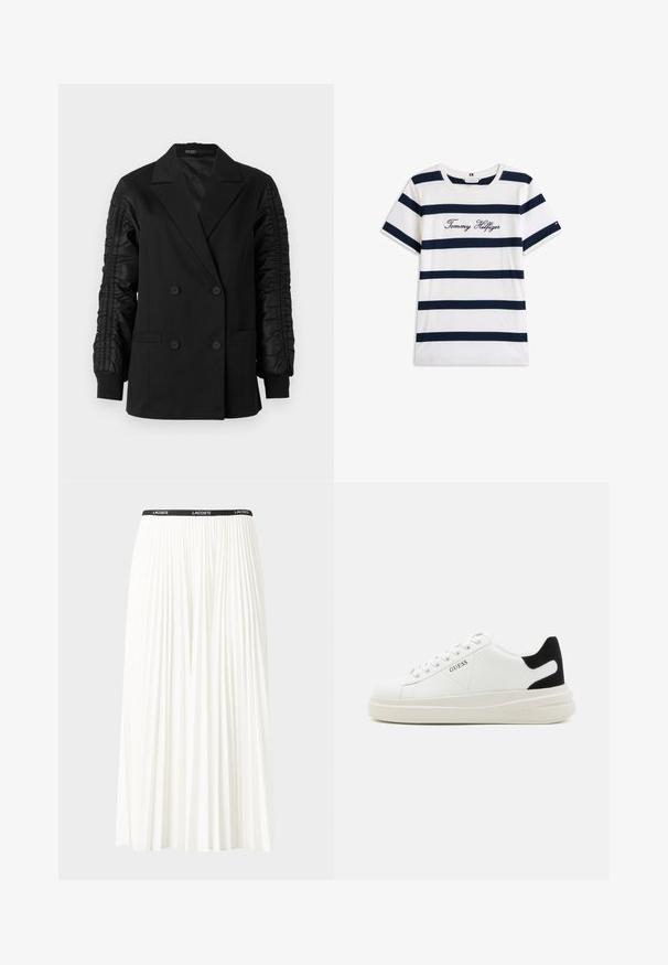 Svart dobbeltspent blazer med draperte satinsleeves og knappe mansjetter, med klaffelapper og frontlommer.; Koftet laget av bomull har horisontale marineblå striper på hvit bakgrunn. "Tommy Hilfiger" brodert i kursiv på brystet. Rund hals.; Plissert hvit skjørt med en svart elastisk midje som har "LACOSTE"-logoen. Midjelengde design med myk tekstur.; Hvite lær sneakers med tykk hvit såle, svart semsket hælforsterkning og preget logo på siden. Snøresystem med seks hull.