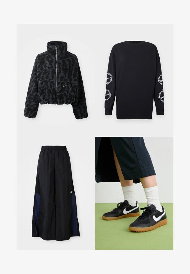 Kratka črna in siva umetna krznena jakna z visokim ovratnikom, zadrgo spredaj in subtilnim leopardskim vzorcem. Ima majhen bel logo na prsih.; Črna srajca z dolgimi rokavi in okroglo izrezom, ki se ponaša z belimi grafičnimi motivi bodeče žice in trnov na obeh rokavih.; Črne široke hlače iz lahkega materiala, z morsko modrim stranskim panelom in elastičnim pasom. Majhna bela oznaka na dnu.; Črne usnjene in sintetične superge z belim Nike swooshom, gumo na podplatu, okroglo konico ter črnimi vezalkami. Vidne so rebraste bele nogavice.