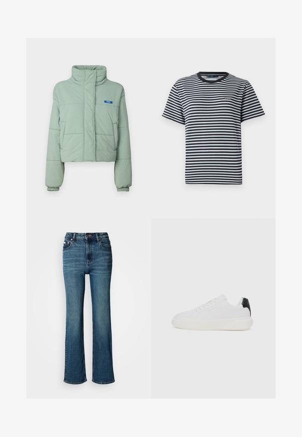 Párnázott cropped dzseki világos zöld színben, magas gallérral, oldalsó zsebekkel, rugalmas mandzsettával és kék címkével a bal mellen.; Csíkos póló fekete és fehér vízszintes csíkokkal, kerek nyakkivágással és rövid ujjakkal. Puha, könnyű anyagból készült.; Magas derekú kék farmernadrág, egyenes szárú dizájnnal, enyhe kopással és normál gombos-zipzáros záródással.; Fehér sportcipők texturált fekete sarkú akcentussal, sima szövet felsőrésszel, kerek orral, lapos fehér talppal és fűzős elejével.