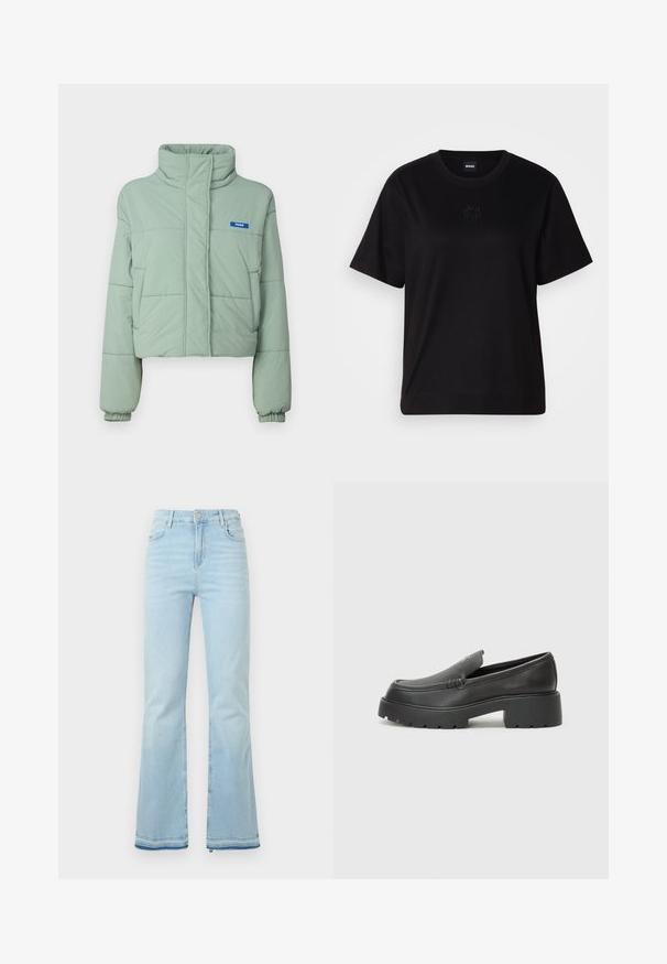 Polstret cropped jakke i lys grønn med høy krage, sidelommer, elastiske mansjetter og en blå etikett på venstre bryst.; Svart bomull T-skjorte med rund hals, korte ermer og et brodert logo på brystet. Enkel, avslappet passform uten mønstre.; Lyseblå flagrende jeans laget av denim, med høy midje, frontlommer og rå kant ved mansjettene for et uformelt utseende.; Sorte skinnloafers med rund tå, tykk teksturert såle og minimale sømdetaljer. Strømlinjeformet design uten synlige snørebånd eller hardvarer.
