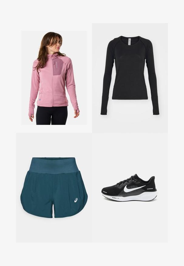 Giacca in pile, rosa chiaro con tessuto testo, tasca sul petto con zip, maniche aderenti e fori per il pollice per un comfort e una funzionalità extra.; Camicia a maniche lunghe nera, realizzata in tessuto morbido. Presenta un collo rotondo e maniche raglan con aperture per il pollice nei polsini. Design minimalista.; ASICS ROAD SHORT - Pantaloncini sportivi - saxon green; Scarpa sportiva nera con tomaia in mesh, un logo Nike bianco e una suola bianca imbottita con dettagli testurizzati.