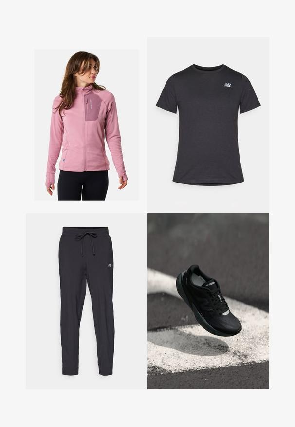 Fleecejacka, ljusrosa med strukturerad tyg, ficka på bröstet med dragkedja, åtsittande ärmar och tumhål för extra komfort och funktionalitet.; Svart t-shirt med kort ärm, tillverkad av mjukt tyg, med en liten grå New Balance-logotyp på övre vänstra bröstet, klassisk rundhalsdesign.; Svarta träningsbyxor i lätt material med elastisk midja och justerbart snöre. Har en liten logotyp på sidan.; Svart löparsko med en texturerad ovandel, slankt design och reflekterande detaljer. Har en mjuk, dämpad sula för komfort.