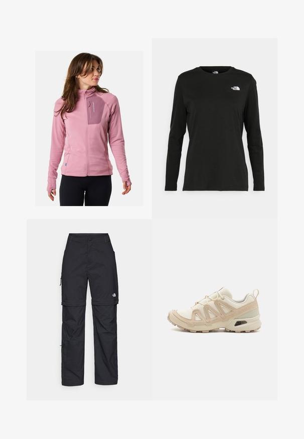 Fleecejakke, lyserød med struktureret stof, lynlås brystlomme, tætsiddende ærmer og tommelfingerhuller for øget komfort og funktionalitet.; Sort langærmet t-shirt lavet af bomuld med rund hals. Har et lille hvidt logo på venstre brystområde. Enkel design og pasform.; Sorte nylon cargo bukser med lynlås, justerbare manchetter, flere lommer og et logo på højre ben. Glat, let tekstur.; Beige og creme atletiksko med struktureret mesh-overdel, støttende overlays og gummiyderside med et mønster for trækkraft.
