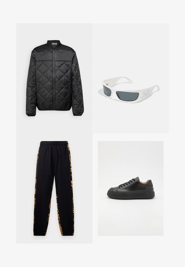 Jachetă puffer matlasată neagră, cu guler rotund, fermoar frontal și model în diamante. Prezintă o textură netedă și butoane snap pe laterale.; Cămașă neagră cu mâneci scurte, cu nasturi, cu modele florale barocice în nuanțe de galben și auriu, având un buzunar frontal, etichetată Versace Jeans Couture pe interiorul gulerului.; Pantaloni de jogging negri cu talie și mansete elastice, având panouri laterale cu un model floral auriu și negru.; Tenis de piele neagră cu vârf rotund, cu șireturi pe față, textură netedă, talpă groasă din cauciuc și interior contrastant de culoare bej.; Ochelari de soare albi cu lentile gri, de formă rectangulară, cu accente texturate pe laturi. Prezintă detalii din metal auriu.