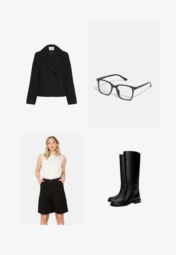 Kaffe JULIA - Klasični plašč - black deep; Bela majica brez rokavov iz lahkotnega materiala. Ima zaobljen izrez in široke armpitove, z gladko teksturo in minimalističnim dizajnom.; Bela čipkasta brezrokavna majica z ovratnikom na gumb, v kombinaciji z visokim črnim šortsem z stranskimi žepi in ohlapnim krojem.; Črne usnjene škornje do kolen z gladko teksturo, zaobljenim prstom, ravnim podplatom in minimalističnim dizajnom, ki vsebuje šivane šive in brez vidne opreme.; Črne pravokotne očala s prozornimi lečami, z zlatimi poudarki na okvirju in rahlo vijoličastim odtenkom na eni leči.; Črna gladka usnjena torbica za rame s ukrivljenim vrhom, enim trakom, zadrgo in majhnim srebrnim logotipom na sprednji sredini.