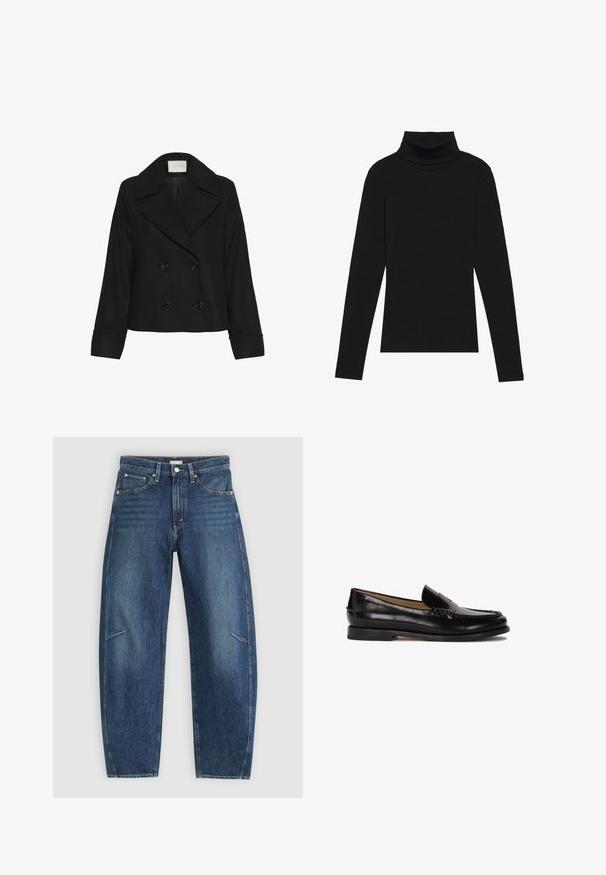 Kaffe JULIA - Klassischer Mantel - black deep; Schwarzes langärmeliges Turtleneck-Oberteil aus geripptem Stoff, mit einer taillierten Passform, hohem Kragen und ohne Muster oder Akzente.; Dunkelblaue Jeans aus Denim mit geradem Bein, ausgestattet mit Vorderaschen, Kontrastnähten und einer dezenten, ausgewaschenen Textur an den Beinen.; Schwarzer Lederloafer mit runder Zehenpartie, schlupfendem Design und dezenten Nahtdetails entlang des Oberteils. Flache Gummisohle.