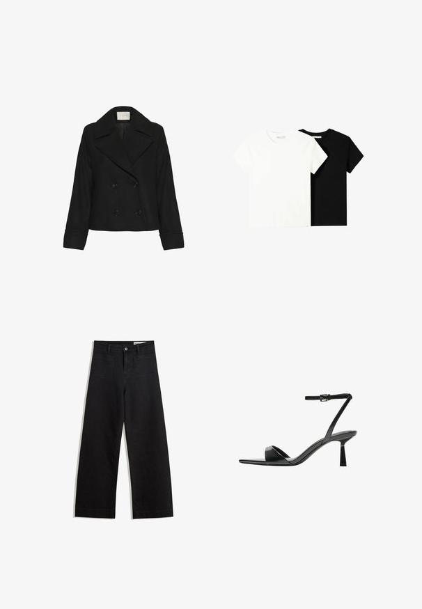 Kaffe JULIA - Klasický kabát - black deep; Dvě trička s krátkým rukávem, jedno bílé a jedno černé, vyrobené z bavlny. Obě mají kulatý výstřih a jednoduchý, klasický design.; Černé denimové kalhoty s volným střihem a vysokým pasem, vybavené předními a zadními kapsami, prošívanými švy a knoflíkovým zapínáním. Hladká textura.; Bershka Sandály na vysokém podpatku - black