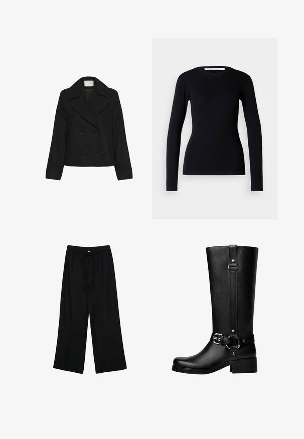 Kaffe JULIA czarny melanż; Czarny top z długim rękawem wykonany z ribbowego materiału. Posiada okrągły dekolt i dopasowany fason. Brak wzorów i ozdób. Prosty krój.; Czarne, lekkie spodnie w szerokie nogawki z elastycznym pasem i sznurkiem do regulacji. Gładka faktura, bez widocznych wzorów czy elementów metalowych.; Wysokie czarne buty z faux skóry, z okrągłym noskiem, detalem klamry na pasku oraz grubym obcasem. Gładka tekstura i pionowa szew na cholewie.