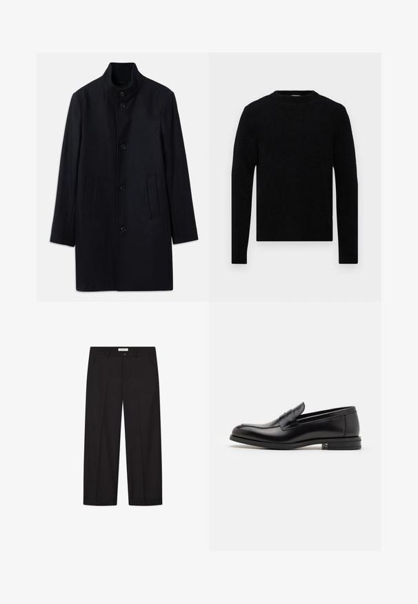 Jūras spēku zils vilnas mētelis ar augstu apkakli, pieciem priekšējiem pogām un divām sānu kabatām; ar taisnu griezumu un gludu tekstūru.; Filippa K SWEATER - Džemperis - black; Vienkārša balta īsām piedurknēm brīva T-krekls, izklāts uz gaiši pelēka fona.; Melnas platās bikses, izgatavotas no gludas auduma. Ar pogu un rāvējslēdzēju, divām priekšējām kabatām un asu malu apdari.; Melnas ādas kurpes ar gludu tekstūru, noapaļu purngalu un dekoratīvu siksniņu pāri priekšpusei. Zems sakrauts papēdis, minimālisma dizains.