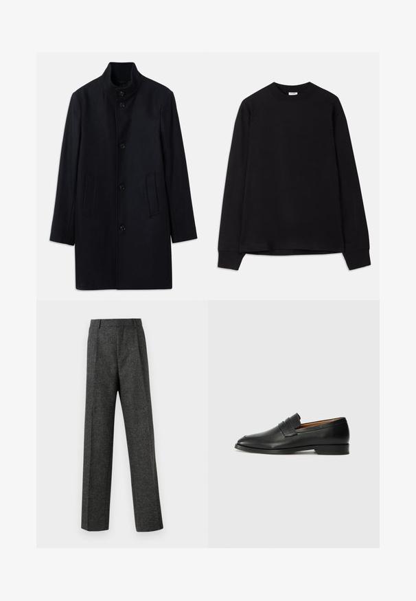 Marineblauwe wollen jas met een hoge kraag, vijf voerende knopen en twee zijzakken; heeft een rechte pasvorm en een gladde textuur.; Zwarte hoodie met lange mouwen van zachte katoen. Heeft een ronde halslijn, een ruime pasvorm en geribbelde manchetten. Geen zichtbare patronen of logo's.; Grijze op maat gemaakte broek van gestructureerde stof, met twee voorplooien en een rechte pijp. Geen zichtbare zakken of versieringen.; Zwarte leren instapper met een ronde neus, subtiele stikdetails en een lage hak, met een gladde textuur en een minimalistisch ontwerp.