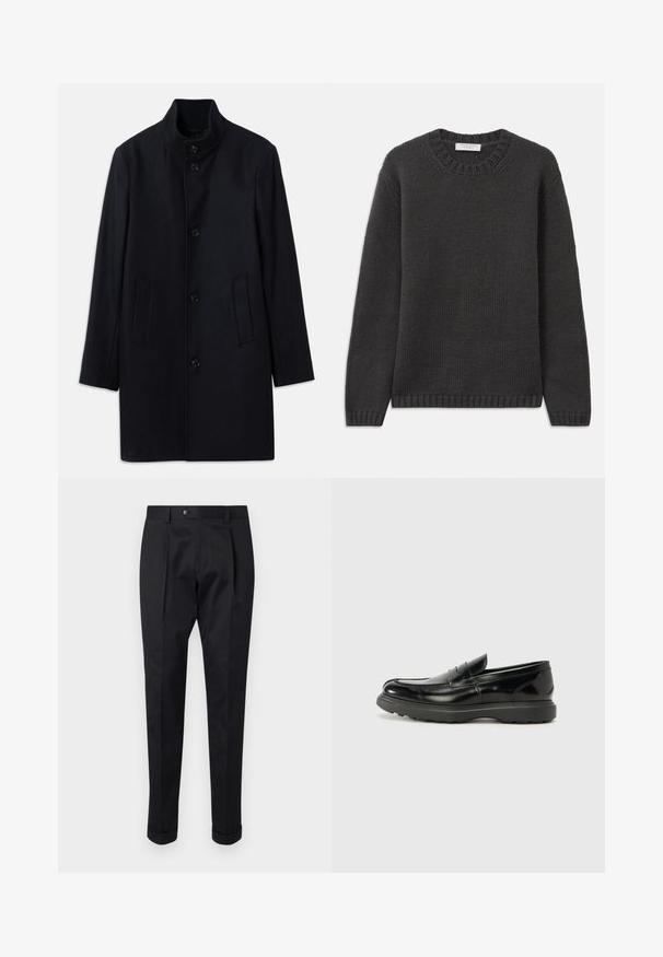 Marineblauwe wollen jas met een hoge kraag, vijf voerende knopen en twee zijzakken; heeft een rechte pasvorm en een gladde textuur.; Donkergrijs gebreid sweater met een ronde halslijn, geribbelde manchetten en zoom. De stof heeft een gestructureerde uitstraling en een regular fit.; Zwarte broek gemaakt van een gladde stof, met een plooi aan de voorkant, een knopen sluiting en opgerolde manchetten bij de enkels.; Zwarte leren instapper met een glanzende afwerking, een ronde neus, subtiele stiksels en een dikke rubberen zool voor duurzaamheid.