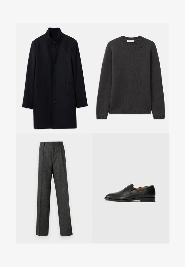 Mornarska vuna jakna s visokim ovratnikom, pet prednjih dugmadi i dva bočna džeppa; karakterizira je ravni kroj i glatka tekstura.; Tamno siva pletiva s rundastim izrezom, rebrastim manžetama i donjim rubom. Tkanina ima teksturirani izgled i regularni kroj.; Sive prilagođene hlače od teksturiranog materijala, s dva prednja nabora i ravnim krojem. Nema vidljivih džepova ili ukrasa.; Crni kožni loafer s okruglim vrhom, suptilnim šavovima i niskim petama, s glatkom teksturom i minimalističkim dizajnom.