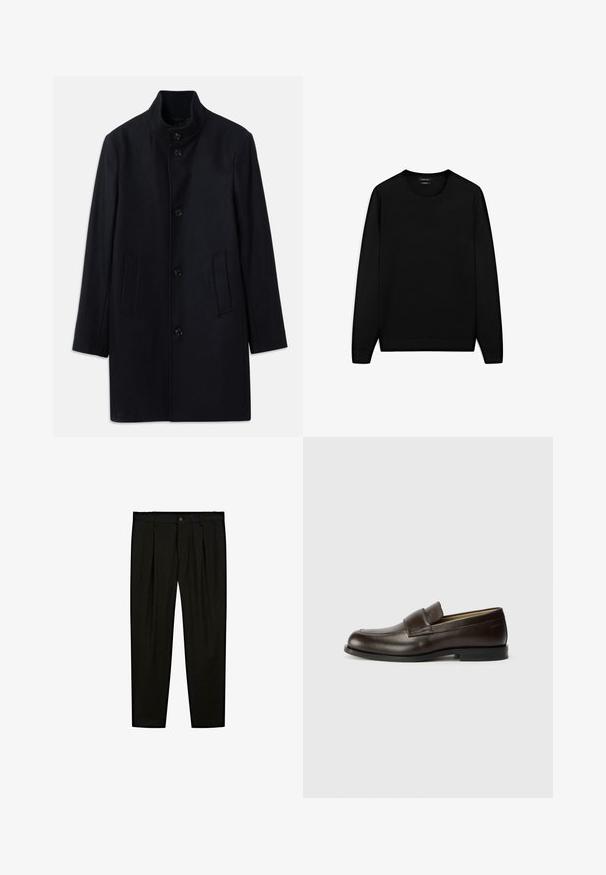 Marineblauwe wollen jas met een hoge kraag, vijf voerende knopen en twee zijzakken; heeft een rechte pasvorm en een gladde textuur.; Zwarte lange mouwen trui met ronde hals. Gemaakt van zachte stof, met een klassieke pasvorm en geribde mouwen en onderrand. Geen patronen of accenten.; Zwarte op maat gemaakte broeken van soepel materiaal. Kenmerken zijn een platte voorkant, brede pijpen en een knoopsluiting bij de taille.; Calvin Klein Instappers - cocoa brown
