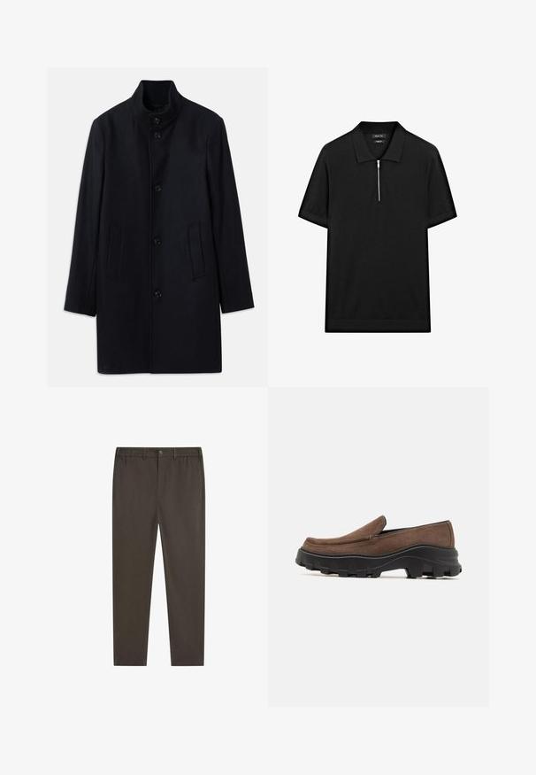 Cappotto di lana blu navy con collo alto, cinque bottoni frontali e due tasche laterali; presenta un taglio dritto e una texture liscia.; Polo shirt nero a maniche corte con colletto rialzato e zip frontale. Realizzato in un tessuto liscio con un design pulito e minimalista.; Pantaloni color marrone scuro con design a gamba dritta, cintura elastica, chiusura frontale con bottoni e tasche laterali. Tessuto dalla texture liscia.; Scarpa slip-on in suede marrone con una robusta suola in gomma nera caratterizzata da audaci modelli di trazione e un design della punta liscia e arrotondata.