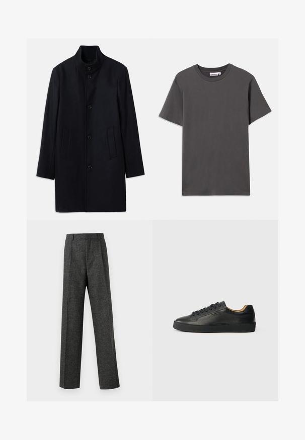 Marineblauer Wollmantel mit hohem Kragen, fünf Vorderknöpfen und zwei Seitentaschen; hat einen geraden Schnitt und eine glatte Textur.; Ein schlichtes, dunkelgraues T-Shirt mit kurzen Ärmeln und Rundhalsausschnitt, mit einem kleinen weißen Markenschild im Kragen, auf einem weißen Hintergrund.; Graue maßgeschneiderte Hose aus strukturiertem Stoff, mit zwei vorderen Falten und geradem Bein. Keine sichtbaren Taschen oder Verzierungen.; Schwarze, niedrig geschnittene Ledersneaker mit strukturierter Oberfläche, schwarzen Schnürsenkeln und dicker Gummisohle, seitlich auf einem hellen Hintergrund dargestellt.