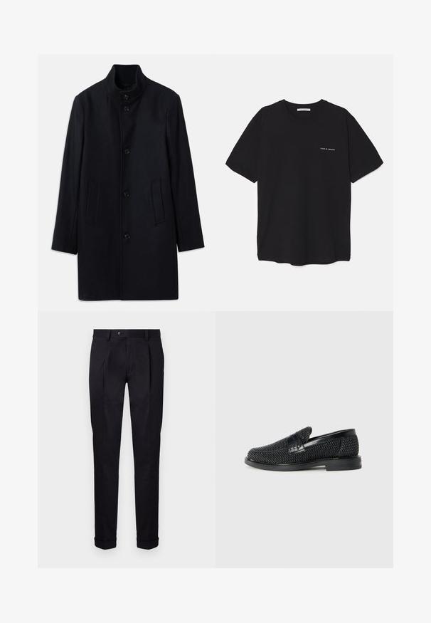 Jūras spēku zils vilnas mētelis ar augstu apkakli, pieciem priekšējiem pogām un divām sānu kabatām; ar taisnu griezumu un gludu tekstūru.; Melnas kokvilnas T-krekls ar apaļu kaklu, īsām piedurknēm un baltu logotipa uzdruku kreisajā krūtī. Vienkāršs, vienkrāsains dizains.; Pielāgoti melni bikses, kas izgatavotas no gludas auduma, ar plakanu priekšpusi, diviem priekšējiem krokiem un apkaklēm apakšā, lai nodrošinātu tīru un strukturētu izskatu.; Melnas austas slaidu kurpes ar gludu ādas akcentu augšpusē, apaļas formas purngalu un zemas profila gumijas zoli.