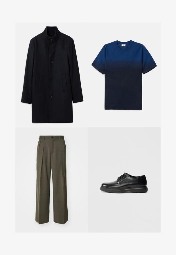 Navy wool coat with a high collar, five front buttons, and two side pockets; features a straight cut and smooth texture.; Navy blue cotton t-shirt with a round neck, short sleeves, and a subtle gradient design transitioning from lighter to darker shades.; Filippa K WIDE TROUSERS - Trousers - driftwood; Black leather lace-up Oxford shoe with thick sole and "WATERMAN" embossed on side, shown in profile on light gray background.