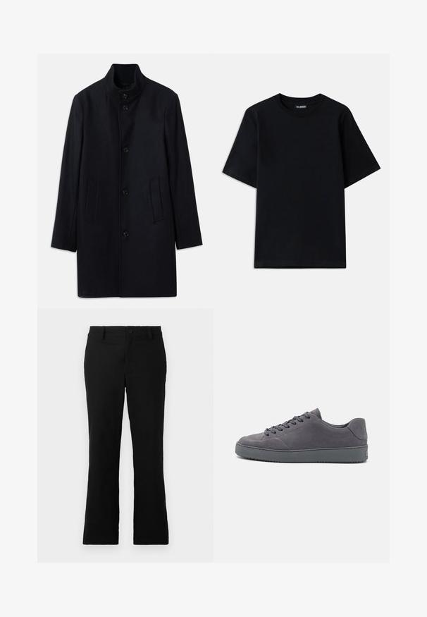 Marineblå uldfrakke med høj krave, fem frontknapper og to sidelommer; har en lige pasform og glat tekstur.; Sort bomulds T-shirt med rund hals og korte ærmer. Har subtil logo-broderi på venstre bryst. Flad, glat tekstur.; Sorte flagrende bukser lavet af en blanding af bomuldsstof, med knaplukning, bælteløkker og en glat tekstur uden synlige mønstre.; Grå ruskinds sneakers med lavtop design, rund tå, snøre foran og struktureret gummisål. Minimalistisk stil med diskret branding på hælen.