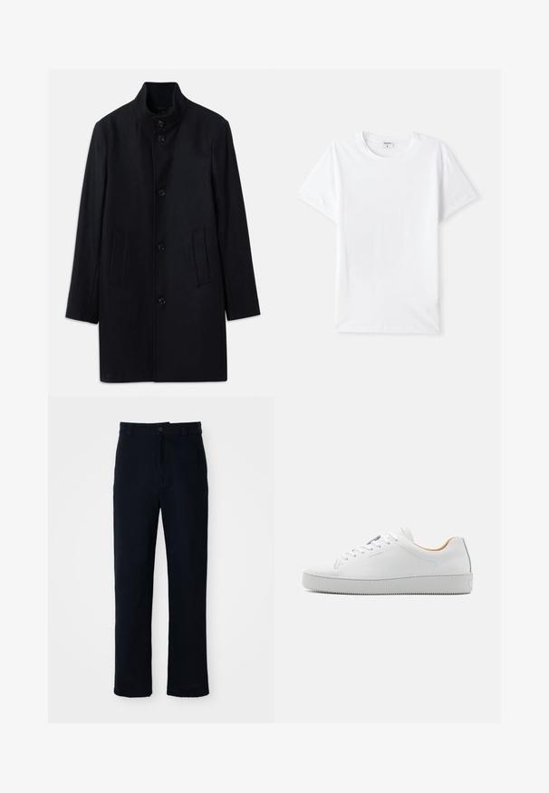 Morska volnena plašč s visokim ovratnikom, petimi sprednjimi gumbi in dvema stranskima žepoma; ima ravno kroja in gladko teksturo.; Bela bombažna majica, krojaške ovratnik, kratki rokavi, gladka tekstura, brez vzorcev ali akcentov, preprost dizajn, standardni kroj.; Temno modri hlače iz bombaža, s ravnim krojem, sprednjim gumbom in klasičnim pasom z zankami za pas.; Beli usnjeni športni copat z gladko površino, ki ima okroglo špico, bele vezalke in sivo gumijasto podplat. Preprost dizajn z minimalnim blagovnim znakom.
