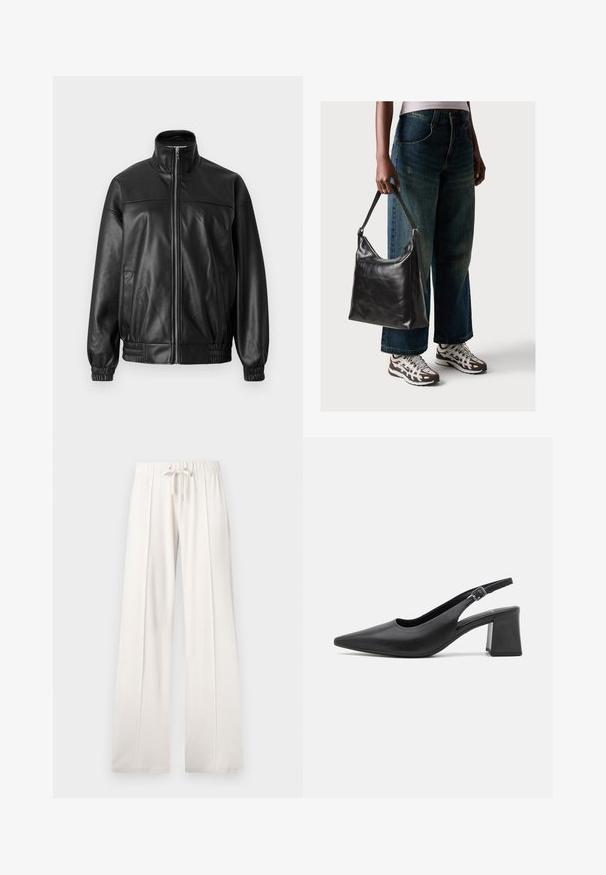 Svart skinn bomberjakke med høy krage, glidelås foran, elastiske mansjetter og en litt ledig passform. Har sidelommer.; Rostfarget cropped t-skjorte i myk bomull med korte ermer og knyttet frontdetalj. Slett tekstur, rund halsutringning.; Lyse beige joggebukser laget av mykt stoff, med snor i livet, vide ben og vertikale sømmer, med en jevn tekstur.; Svart lær slingback hælsko med spiss tå og kraftig klosshelt. Har justerbar stropp med metallspenne.; Sort skinnveske med en glatt tekstur og justerbar stropp, kombinert med falmede vide jeans og atletiske sneakers.