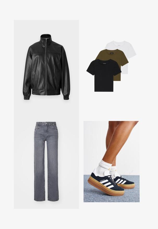 Must nahast pommitaja jope kõrge krae, eesmine tõmblukk, elastsed varrukaotsad ja veidi lõdvestunud lõige. Omab küljetaskuid.; Kolmest crew-neck t-särgist must, oliiviroheline ja valge. Lühikesed varrukad, soonikkoes kaelus ja kohandatud disain.; Hallid hallid laiad teksad, mis on valmistatud siledast denimist, sisaldavad nööpi ja tõmblukku ning viis taskut.; Mustad seemisnahast tossud valgete triipude ja detailidega, ümarate varbassosadega, kummist välistallaga, paaritatud valgete soonikuliste meessokkidega.