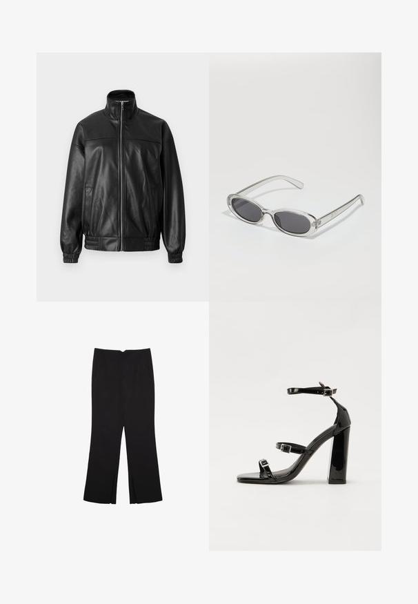 Crna kožna bomber jakna s visokim ovratnikom, prednjim zatvaračem na patent i elastičnim manšetama te malo opuštenijim krojem. Ima bočne džepove.; Crni top bez rukava od pamuka, s okruglim izrezom i širokim izrezima za ruke. Glatka tekstura s ušivenim rubovima. Klasičan, minimalistički dizajn.; Crne hlače ravnog kroja, s prednjim džepovima i bočnim prorezima na rubu. Izrađene od mekog i glatkog materijala. Pogodne za razne prigode.; Crne lakirane sandale na pete sa kvadratnim nosom, trakama oko gležnja i srebrnim kopčama. Imaju čvrst blok petu za stabilnost.; Naočale u ovalnom obliku, okvir od prozirne plastike, tamno sivi leće i tanke prozirne ručke s logotipom i minimalnim detaljima.