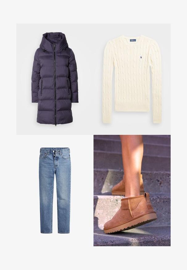 Fialová péřová bunda s vysokým límcem, předním zipem a dvěma bočními kapsami; obsahuje prošívané části a hladkou, lesklou texturu.; Krémový svetr s pleteným vzorem, dlouhými rukávy, žebrovanými manžetami a lemem, se malým vyšívaným logem na levé hrudi.; Světle modré džíny s rovný střih, designem s pěti kapsami a knoflíkovým zapínáním. Mají jemné vyblednutí a oranžové prošití.; Světlé semišové kotníkové boty s měkkou strukturou, prošívanými detaily a gumovou podrážkou, s okrouhlým podpatkem pro snadné obouvání.