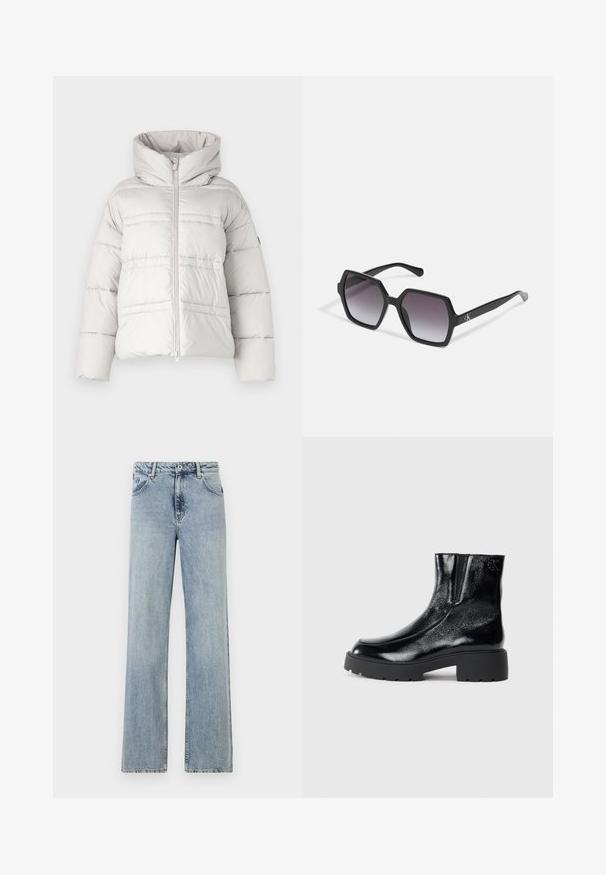 Light gray puffer jacket with a high collar, front zipper closure, and horizontal stitch detailing; features padded texture and loose fit.; Black ribbed short-sleeve crop top made of soft material, featuring a subtle Calvin Klein logo in the center. Simple, classic design.; Light blue, wide-leg jeans made of denim. Features a button and zip closure, front pockets, and subtle fading. Clean hems.; Black ankle boots with a glossy patent leather finish, chunky black rubber sole, and raised heel; includes subtle logo detail on the side.; Black hexagonal sunglasses with gradient lenses, featuring a glossy finish and subtle branding on the temple. Durable plastic construction.