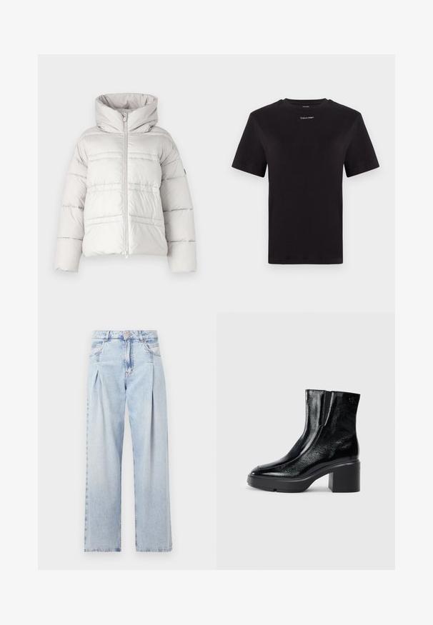 Világosszürke puffanac felálló gallérral, elöl végig futó cipzárral és vízszintes varrással; párnázott textúrával és laza illeszkedéssel rendelkezik.; Fekete pamut póló rövid ujjakkal, kerek nyakkivágással és kis fehér "Calvin Klein" logóval a mellkasnál. Simás textúra, klasszikus fazon.; Világoskék farmernadrág magas derekú, bő szabású, két oldalsó zsebbel és pliszírozott dizájnnal. Puha tapintású, elhalványított felület.; Fekete lakkbőr bokacsizma ívelt orral, elasztikus oldalpanelek és vastag blokk sarkal. A hátsó részen dombornyomott logó található.