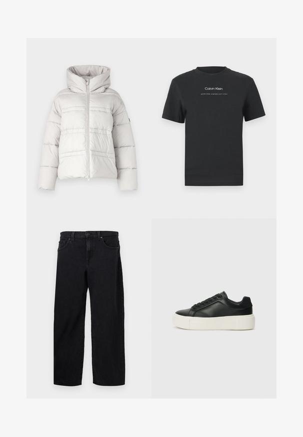 Lys grå pufferjakke med høj krave, frontlynlås og horisontale sømdetaljer; har polstret tekstur og løs pasform.; Sort bomulds T-shirt med rund halsudskæring, korte ærmer og hvidt trykt "Calvin Klein" logo samt teksten "Established 1968".; Sorte denimjeans med lige pasform, med knaplukning, fem lommer og diskrete syninger. Glat tekstur.; Sort lædersneaker med rund tå, hvid platformssål og sorte snørebånd. Har et diskret logo på hælen og en glat overflade.